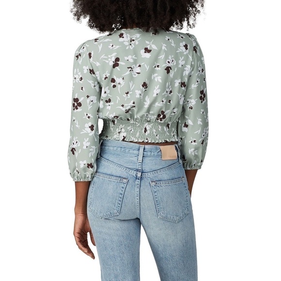 WILLOW 70s Sage Floral Print Wrap Tie Waist Puffed 3/4 Long Sleeve Crop Top XS - Picture 5 of 11